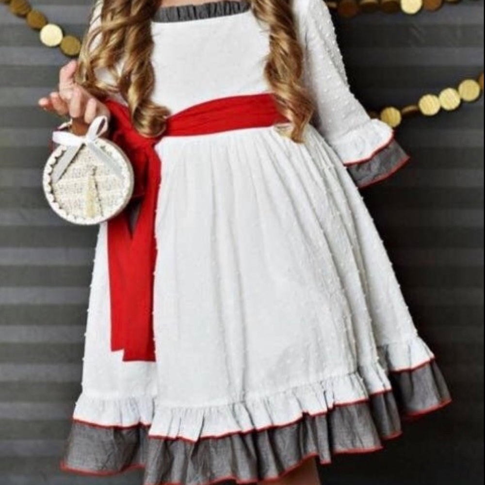 White and Gray Girls' Formal Dress with Red Sash